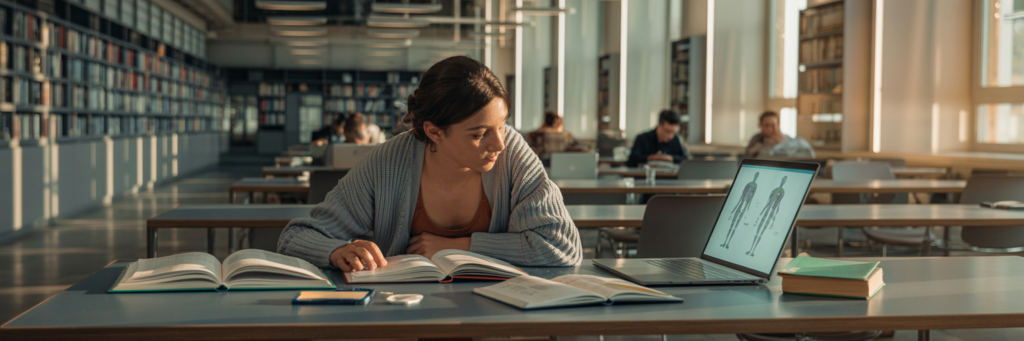 Étudiante préparant son année de PASS dans une bibliothèque universitaire