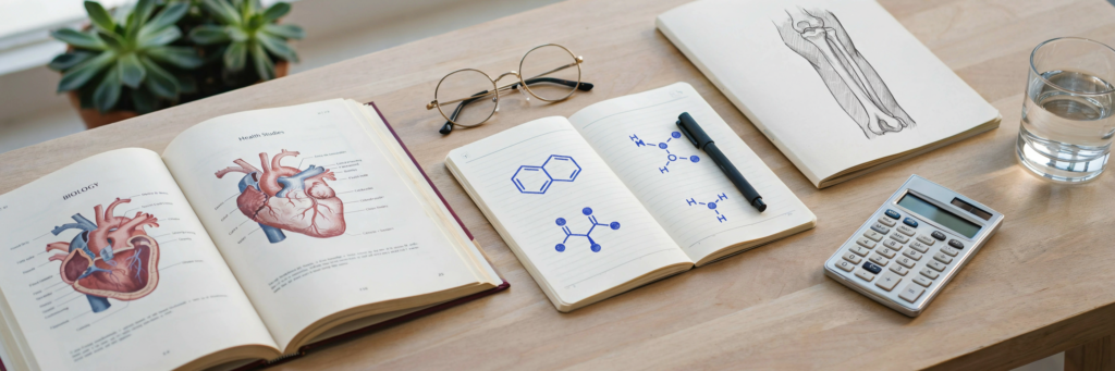Supports de révision en biologie, chimie et anatomie posés sur un bureau lumineux