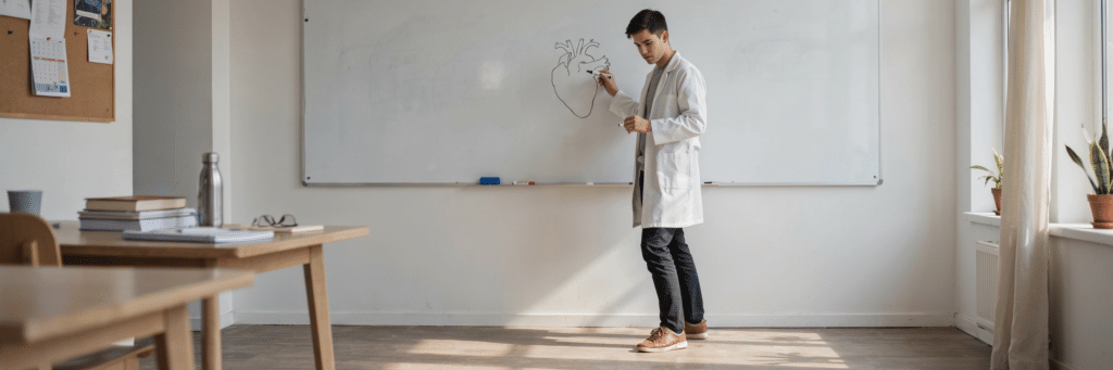 Étudiant en PASS reconstituant un mécanisme de mémoire sur un tableau